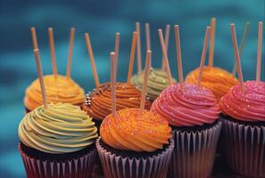 ai generato colorato cupcakes con colorato bastoni di scintille come parte di un modificare foto