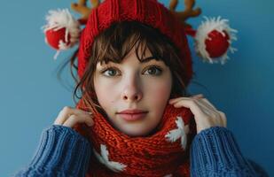 ai generato un' donna con un' blu maglione mettendo su un' renna sciarpa e sua occhi Aperto foto