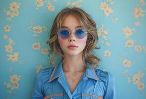 ai generato donna con un' blu camicia e blu occhiali da sole foto