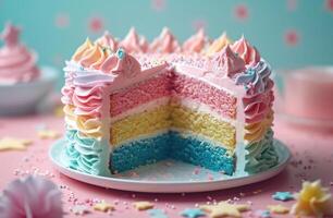 ai generato blu, rosa, e giallo arcobaleno compleanno torta su un' tavolo con stelle al di sopra di esso foto