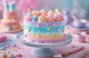 ai generato blu, rosa, e giallo arcobaleno compleanno torta su un' tavolo con stelle al di sopra di esso foto