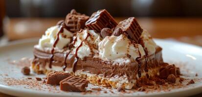 ai generato un' torta e cioccolato ghiaccio crema con caramello, allungata foto