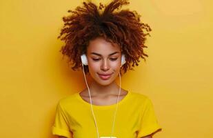 ai generato un' giovane donna nel un' giallo camicia ascoltando per musica su sua Telefono su superiore di un' giallo sfondo foto