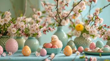 ai generato Pasqua stravagante. sognante ambientazione con fantasioso arredamento per creativo promozioni foto