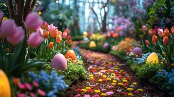 ai generato lussureggiante giardino ornato per Pasqua promozioni foto