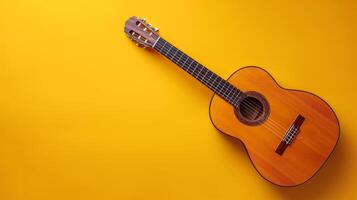 ai generato minimalista vivido pubblicità sfondo con bello chitarra musucian e copia spazio foto