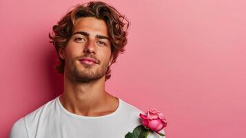 ai generato minimalista vivido pubblicità sfondo con bello uomo con rosa e copia spazio foto