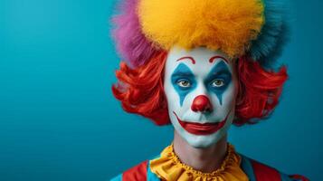 ai generato minimalista vivido pubblicità sfondo con bello clown e copia spazio foto