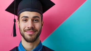 ai generato minimalista vivido pubblicità sfondo con bello uomo nel la laurea berretto e copia spazio foto