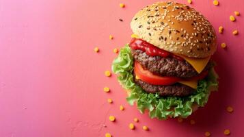 ai generato minimalista vivido pubblicità sfondo con hamburger e copia spazio foto