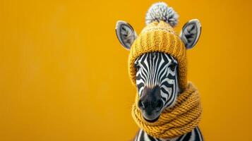 ai generato minimalista vivido pubblicità sfondo con carino zebra nel a maglia cappello e copia spazio foto