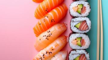 ai generato minimalista vivido pubblicità sfondo con Sushi e copia spazio foto