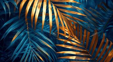 ai generato un' vicino su Visualizza di un' palma foglia e un' buio blu sfondo foto