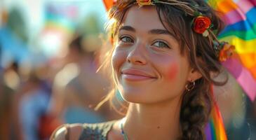 ai generato giovane donna a Festival con arcobaleno bandiere su sua testa foto