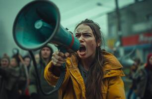 ai generato un' donna Tenere un' megafono e protestare strada segni, foto