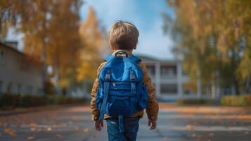 ai generato un' ragazzo con un' blu scuola zaino con gioia passeggiate per scuola foto