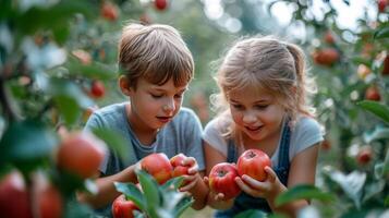 ai generato un' ragazzo e un' ragazza di 10 anni vecchio raccogliere bellissimo rosso mele a partire dal un Mela albero nel un' estate giardino nel soleggiato tempo metereologico foto