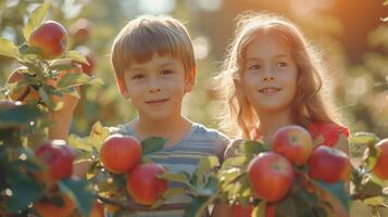 ai generato un' ragazzo e un' ragazza di 10 anni vecchio raccogliere bellissimo rosso mele a partire dal un Mela albero nel un' estate giardino nel soleggiato tempo metereologico foto