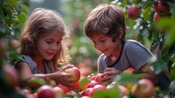 ai generato un' ragazzo e un' ragazza di 10 anni vecchio raccogliere bellissimo rosso mele a partire dal un Mela albero nel un' estate giardino nel soleggiato tempo metereologico foto