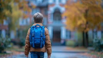 ai generato un' ragazzo con un' blu scuola zaino con gioia passeggiate per scuola foto