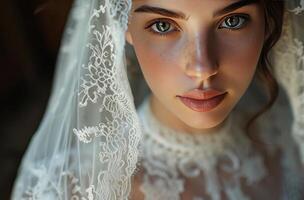 ai generato un' sposa nel un' bellissimo mazzo nel un' pizzo nozze vestito foto