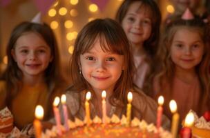 ai generato un' gruppo di bambini festeggiare un' compleanno con torta foto