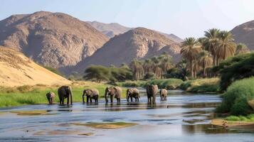 ai generato un' mandria di elefanti è venuto per acqua a un oasi nel il mezzo di il deserto foto