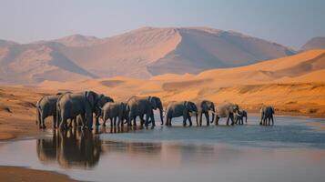 ai generato un' mandria di elefanti è venuto per acqua a un oasi nel il mezzo di il deserto foto