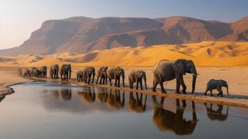 ai generato un' mandria di elefanti è venuto per acqua a un oasi nel il mezzo di il deserto foto
