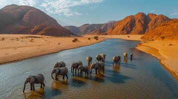 ai generato un' mandria di elefanti è venuto per acqua a un oasi nel il mezzo di il deserto foto