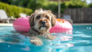 ai generato un' grande ispido cane nuotate nel un' piscina Il prossimo per un gonfiabile cerchio nel il forma di un' ciambella foto