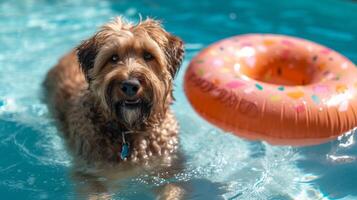 ai generato un' grande ispido cane nuotate nel un' piscina Il prossimo per un gonfiabile cerchio nel il forma di un' ciambella foto
