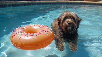 ai generato un' grande ispido cane nuotate nel un' piscina Il prossimo per un gonfiabile cerchio nel il forma di un' ciambella foto