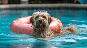 ai generato un' grande ispido cane nuotate nel un' piscina Il prossimo per un gonfiabile cerchio nel il forma di un' ciambella foto