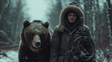 ai generato un' poppa russo uomo nel un' ushanka cappello passeggiate con un' orso nel un' siberiano inverno foresta foto