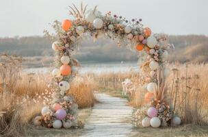 ai generato un' nozze bridal arco decorato con bianca palloncini foto