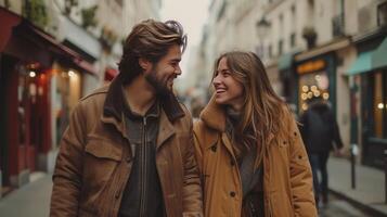 ai generato un' giovane e contento coppia passeggiate giù il strada Tenere mani nel città foto