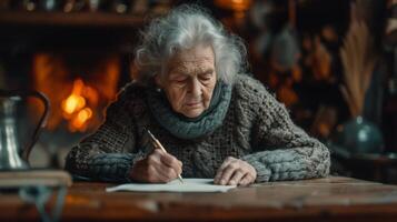 ai generato un vecchio donna scrive un' lettera seduta a un vecchio quercia tavolo contro il sfondo di un' camino foto