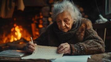 ai generato un vecchio donna scrive un' lettera seduta a un vecchio quercia tavolo contro il sfondo di un' camino foto