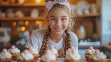 ai generato bellissimo ragazza 12 anni vecchio cuoce vacanza cupcakes nel il cucina foto