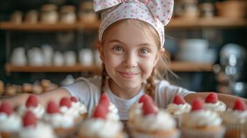 ai generato bellissimo ragazza 12 anni vecchio cuoce vacanza cupcakes nel il cucina foto
