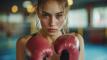 ai generato bellissimo giovane donna compete nel boxe nel il Palestra foto