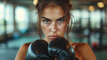 ai generato bellissimo giovane donna compete nel boxe nel il Palestra foto