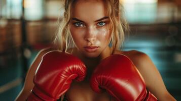 ai generato bellissimo giovane donna compete nel boxe nel il Palestra foto