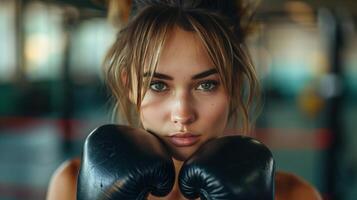 ai generato bellissimo giovane donna compete nel boxe nel il Palestra foto