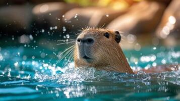 ai generato carino capibara nuotate nel il piscina contro il fondale di il estate giardino foto