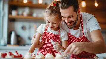 ai generato papà e figlia preparazione cupcakes nel un' moderno cucina indossare rosso polka punto grembiuli foto