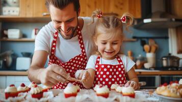 ai generato papà e figlia preparazione cupcakes nel un' moderno cucina indossare rosso polka punto grembiuli foto