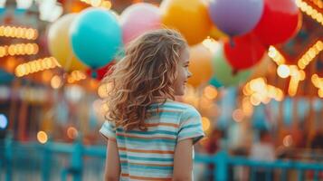 ai generato contento ragazza con colorato palloncini passeggiate attraverso un divertimento parco foto