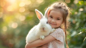 ai generato contento poco ragazza abbracciare un' grande bianca coniglio su il sfondo di un' estate soleggiato giardino foto